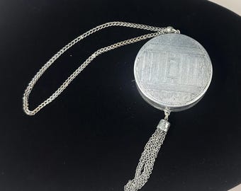 Art Deco Silver Powder Mirror Compact Box on Chain and Tassel, Vintage Antique