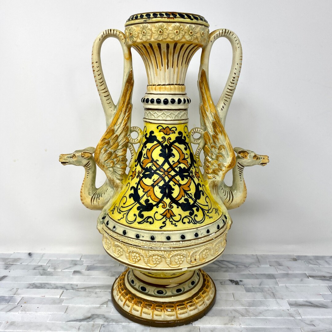 Italian Majolica Vase Dragon Handles, Vintage Yellow Blue Decorative