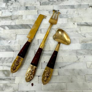 Vintage Bronze Wood Urai Thailand Siam Handle Serving Set of 3, Bronze Rosewood Sugar Spoon, Cheese Knife Pickle Fork Flatware