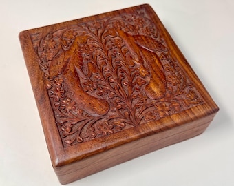 Vintage Carved Wood Spice Box Bird Floral Motif, 6 Compartment Storage Kitchen Countertop Box