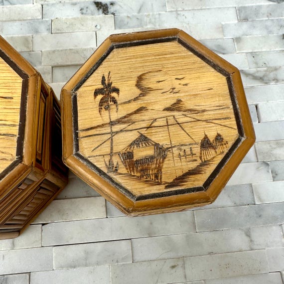 Rattan Pyography Hexagon Nesting Boxes Set 2, Vin… - image 3