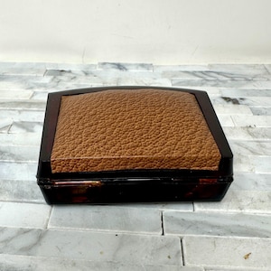 Hickok Faux Tortoise Shell Compact Jewelry Box, Vintage Mid Century Dresser Box, Brown Faux Pebble Leather Clam Decorative