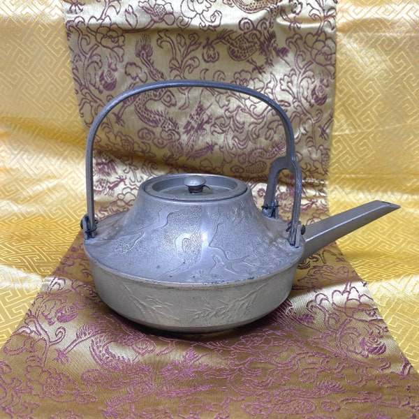 Antique Japanese Choshi Sake Kettle, Vintage Metal Dogwood Embossed Tea Pot, Small