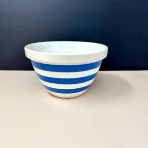 May include: A white and blue striped ceramic mixing bowl. The bowl has a white rim and is decorated with horizontal blue stripes. The bowl is sitting on a light pink surface with a dark blue background.