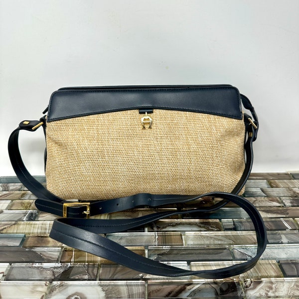 Etienne Aigner Woven Shoulder Bag Navy Leather Trim, Vintage Straw Jute Woven Purse, Vintage Handbag, Everyday Purse, Medium Leather Bag