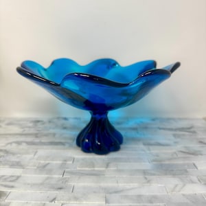 Viking Bluenique Glass Pedestal Bowl 8 1/2&quot;, Vintage Peacock Blue 8 Petal Rim Compote, Home Decor Mid Century MCM Decorative Centerpiece
