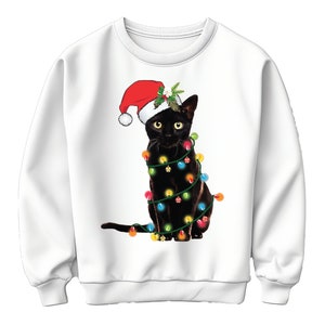 Black Cat Christmas Lights Jumper | Funny & Festive Unisex Printed Sweatshirt | Spread Holiday Cheer | Winter Christmas Sweat
