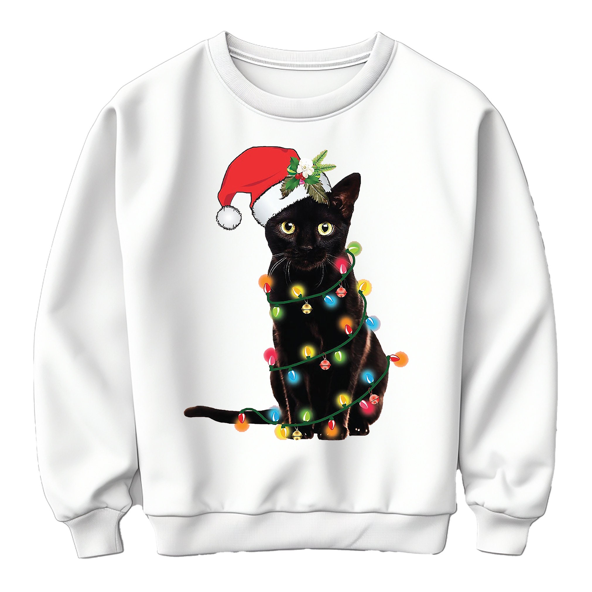 Black Cat Christmas Lights Jumper | Funny & Festive Unisex Printed Sweatshirt | Spread Holiday Cheer | Winter Christmas Sweat