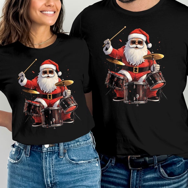 Père Noël batteur jouant de la batterie T-shirt drôle de Noël de batteur de Noël, cadeau de batteur, cadeaux de Noël pour musicien, cadeaux de Noël pour guitare