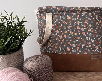 Mushroom Print Project Bag: Lined Drawstring Tote with Beige Waxed Canvas Base