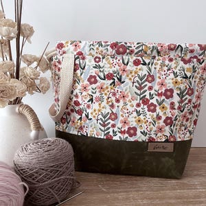 Floral Print Project Bag: Lined Drawstring Tote with olive waxed Canvas Base