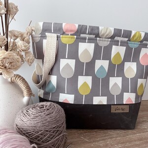 Tulip Print Project Bag: Lined Drawstring Tote with Grey Waxed Canvas Base