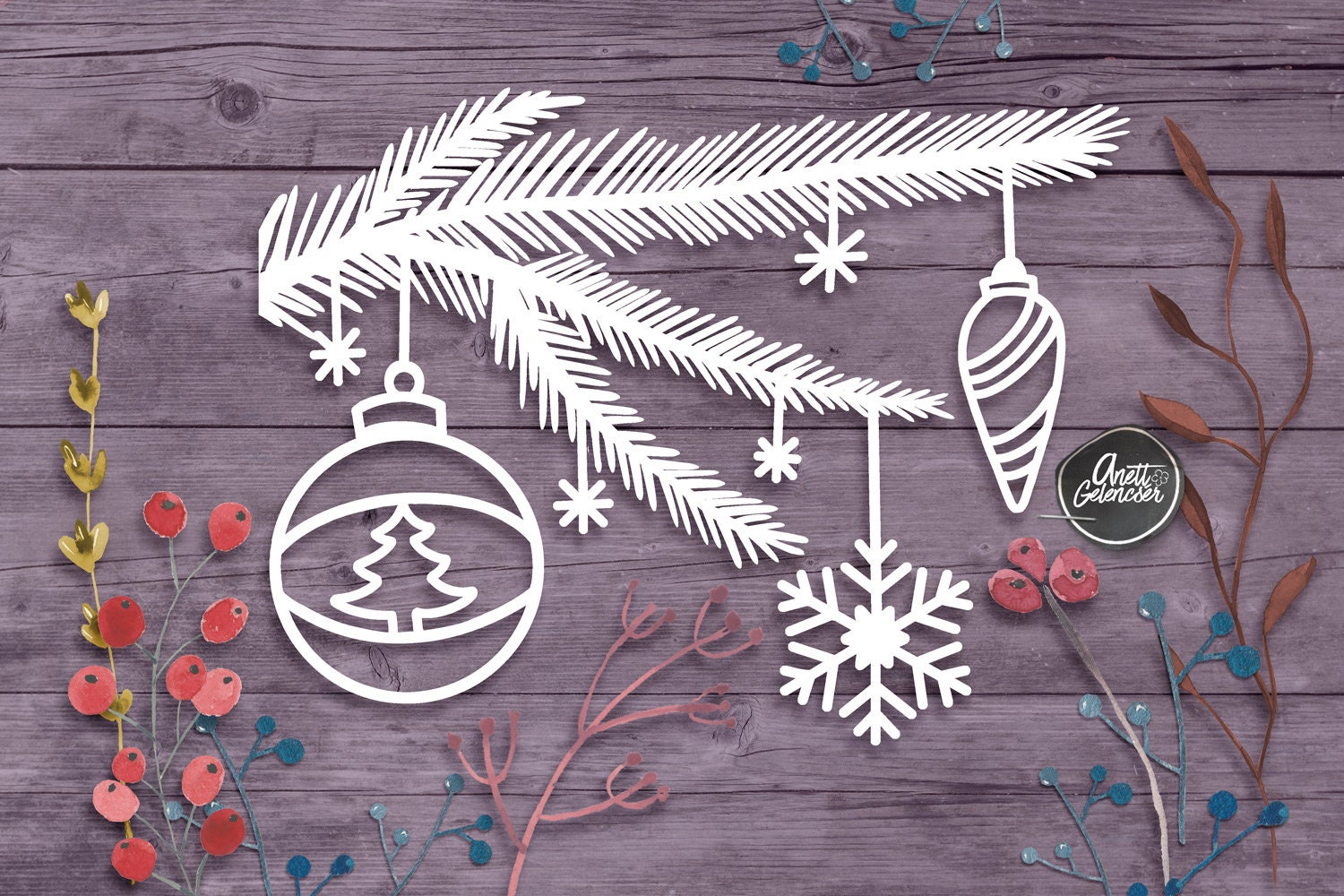 Pine branch with Christmas Ornaments cut file SVG Paper PNG | Etsy Pine branch with Christmas Ornaments cut file SVG Paper PNG | Etsy