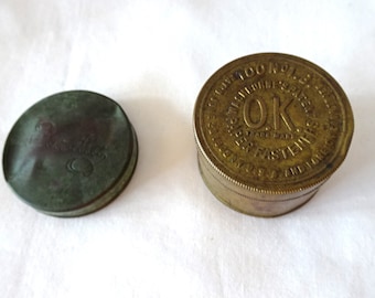 Antique Brass Tins, OK Paper Fastener Container with fasteners and Bonzilla face power tin