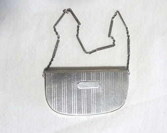 Vintage Sterling Silver Demi Lune Compact Case with Chain Handle, Elgin American Manufacturer