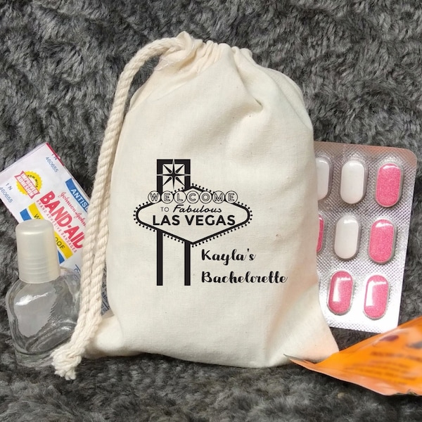 Las Vegas Hangover Kit Bachelorette Party Muslin Bag - Custom Mini Favor bag - Bridal shower bag-Recovery kit-Bachelorette Party Bags
