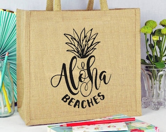 Aloha beaches jute tote bag, Beach wedding Jute Beach Bag Bachelorette Party Tote Bags-Personalized Bridesmaid Favor Bag beach tote bags