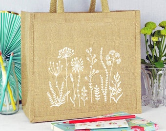 Wildflower jute tote bag, Bachelorette Party Tote Bags-Personalized Bridesmaid Favor bags , Botanical Dandelion gift-Gift for Gardeners