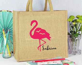 Personalized jute tote bag, Flamingo Jute Beach Bag Flamingo Bachelorette Party Tote Bags-Personalized Bridesmaid Favor Bag beach tote bags