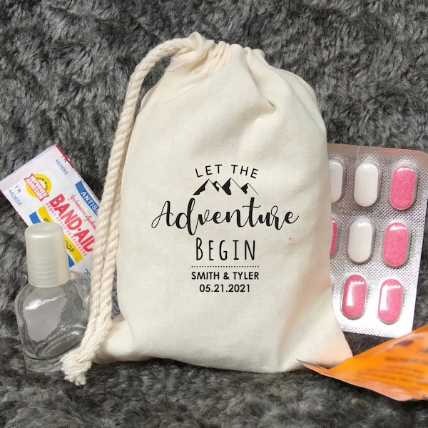 Personalized Let the adventure begin party favor bags Mountain camping Destination wedding bachelorette party favor bags destination wedding