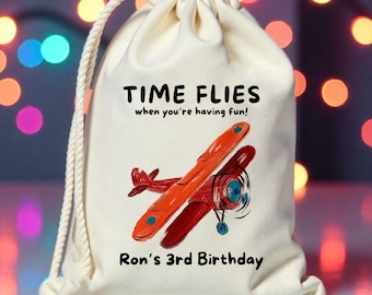 Custom Time Flies Birthday Party Favor Bag - Name Airplane Birthday Bag - Kids Birthday Favors - Customized Goodie Bag - Childrens Name Bag