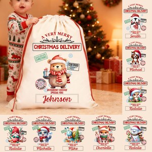 Personalized Christmas Bag With Christmas Animal Gift Bags, Christmas Favor Bag, Stocking Stuffer, Christmas for Kids, Santa Bags with Name