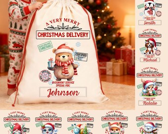 Personalized Christmas Bag With Christmas Animal Gift Bags, Christmas Favor Bag, Stocking Stuffer, Christmas for Kids, Santa Bags with Name