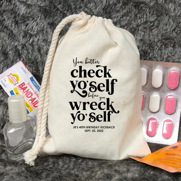 Check yourself before you wreck yourself Bachelorette Bag- Ice Cube Quote - Bachelorette Party Survival Kit - Wedding recovery kit