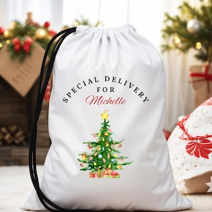 May include: White drawstring bag with the text "Special Delivery for Michelle" and a watercolor illustration of a Christmas tree with ornaments and presents.