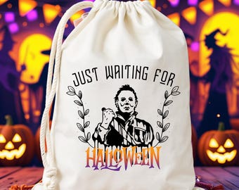 Just Waiting For Halloween Party Favor Bag, Custom Halloween Funny Birthday Gift Bags, Spooky Witch Hat and Broom, Groovy Ghost Favor Bags
