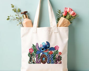 Customized Disney Stitch Aloha Tote Bags with Name, Minnie Stitch Tote Bag, Gift for Her, Birthday Gift, Disney Tote Bag, Stitch Lover Gift