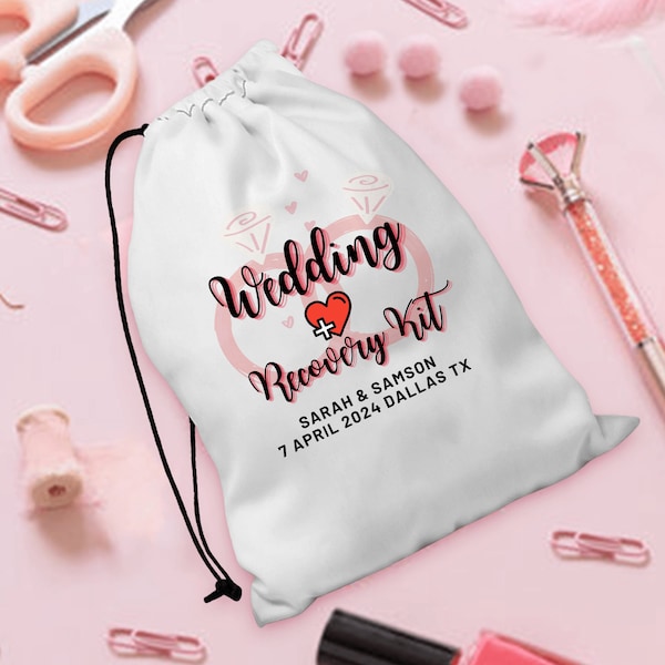 Custom Wedding Recovery Kit Bags, Personalized Bridal Gift Bags, Hangover Survival Party Bags, Bachelorette Favor Bags, Red Heart Couple Bag