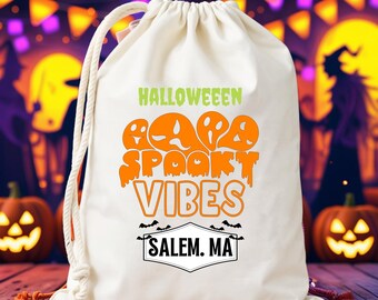 Halloween spooky Vibes Salem Party Favor Bag, Custom Halloween Funny Birthday Gift Bags, Spooky Witch Hat and Broom, Groovy Ghost Favor Bags