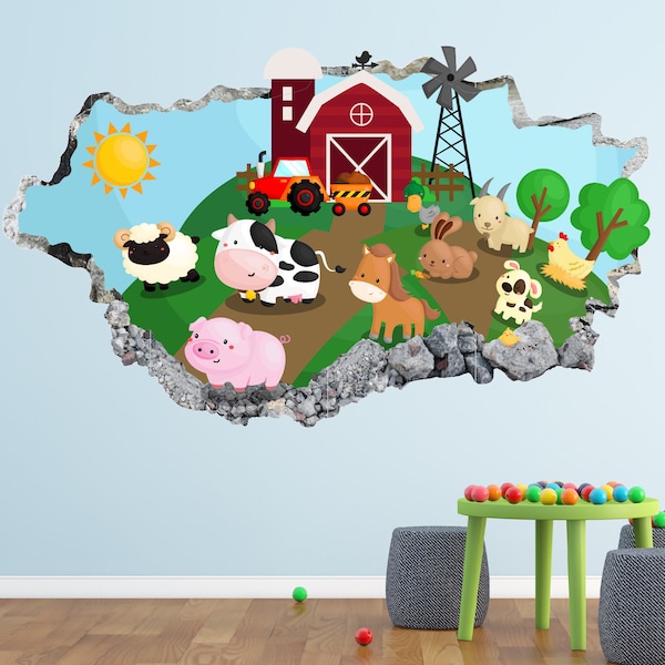 Cartoon Farm Wall Decal - Animals 3D Smashed Wall Art Sticker Kids Room Decor Vinyl Home Poster Custom Gift KD682