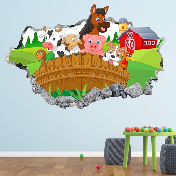 Farm Animals Wall Decal - Cartoon 3D Smashed Wall Art Sticker Kids Decor Vinyl Home Poster Custom Gift KD93