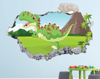 Baby Dinosaur Wall Decal - Wild Animal 3D Smashed Wall Art Sticker Kids Decor Vinyl Home Poster Custom Gift KD17