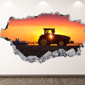 Tractor Farm Wall Decal - Sunset 3D Smashed Wall Art Sticker Kids Room Decor Vinyl Home Poster Custom Gift KD126