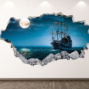 Pirate Ship Wall Decal - Ocean Boat 3D Smashed Wall Art Sticker Kids Room Decor Vinyl Home Poster Custom Gift KD112