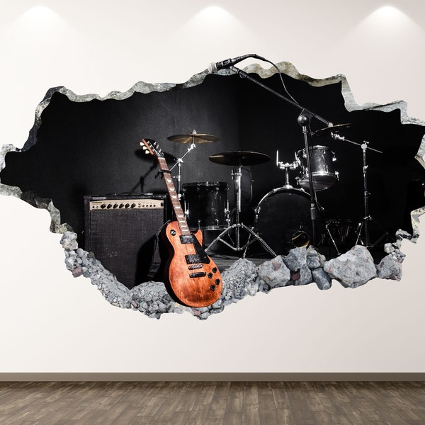 Gitarre Wandtattoo - Rock Band Schlagzeug 3D Smashed Wand Kunst Aufkleber Kinderzimmer Dekor Vinyl Home Poster Kundenspezifisches Geschenk KD128