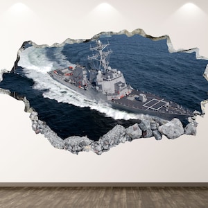 Navy Ship Wall Decal - Destroyer 3D Smashed Wall Art Sticker Kids Room Decor Vinyl Home Poster Custom Gift KD246
