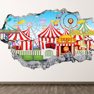 Circus Wall Decal - Amusement Park 3D Smashed Wall Art Sticker Kids Decor Vinyl Home Poster Custom Gift KD779