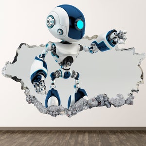 Baby Robot Wall Decal - Future Machine 3D Smashed Wall Art Sticker Kids Room Decor Vinyl Home Poster Custom Gift KD780