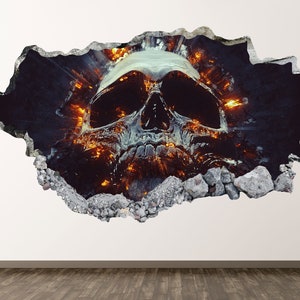 Skull Explosion Wall Decal - Fire Horror Scary 3D Smashed Wall Art Sticker Kids Room Decor Vinyl Home Poster Custom Gift KD947