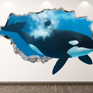 Orca Wall Decal - Ocean Animal 3D Smashed Wall Art Sticker Kids Room Decor Vinyl Home Poster Custom Gift KD69