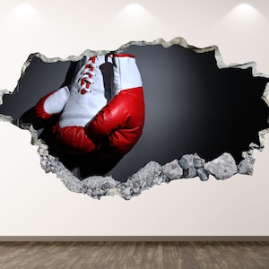 Boxing Gloves Wall Decal - Sports 3D Smashed Wall Art Sticker Kids Room Decor Vinyl Home Poster Custom Gift KD163