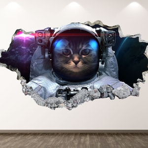 Astronaut Cat Wall Decal - Space Galaxy 3D Smashed Wall Art Sticker Kids Room Decor Vinyl Home Poster Custom Gift KD203
