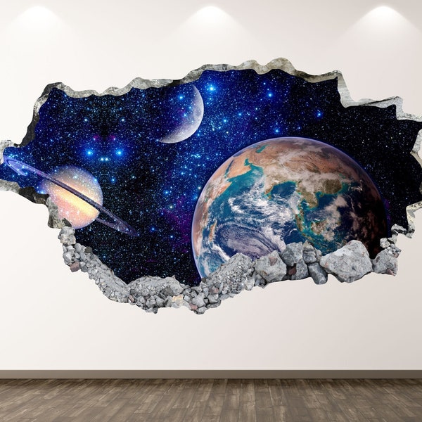 Space Wall Decal - Earth Planet 3D Smashed Wall Art Sticker Kids Room Decor Vinyl Home Poster Custom Gift KD132