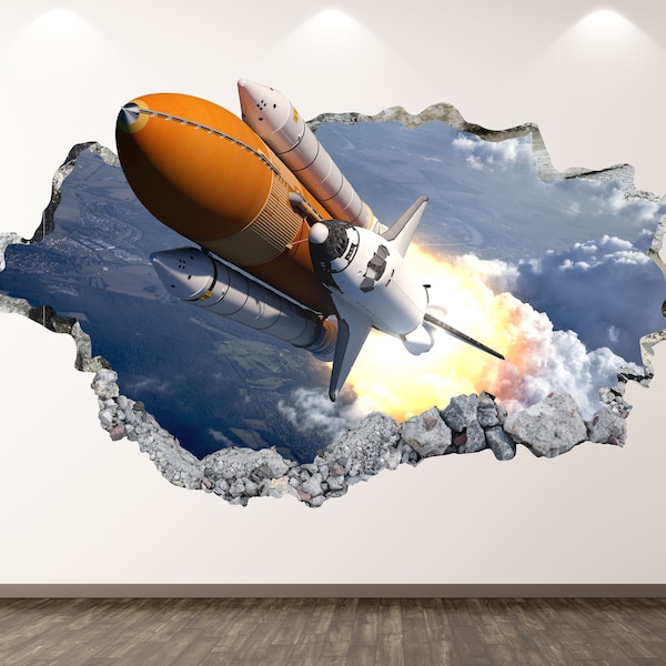 Space Shuttle Wall Decal - NASA 3D Smashed Wall Art Sticker Kids Room Decor Vinyl Home Poster Custom Gift KD243