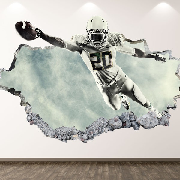 Football Wall Decal - American Sport 3D Smashed Wall Art Sticker Kids Decor Vinyl Home Poster Custom Gift KD58