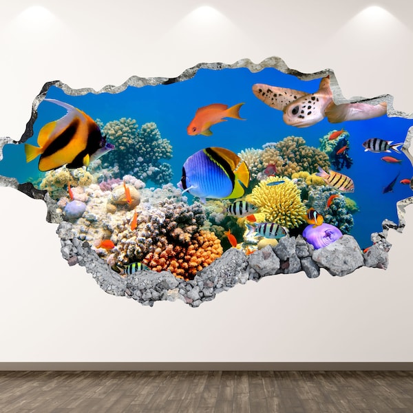 Ocean Wall Decal - Animal Aquarium 3D Smashed Wall Art Sticker Kids Decor Vinyl Home Poster Custom Gift KD08